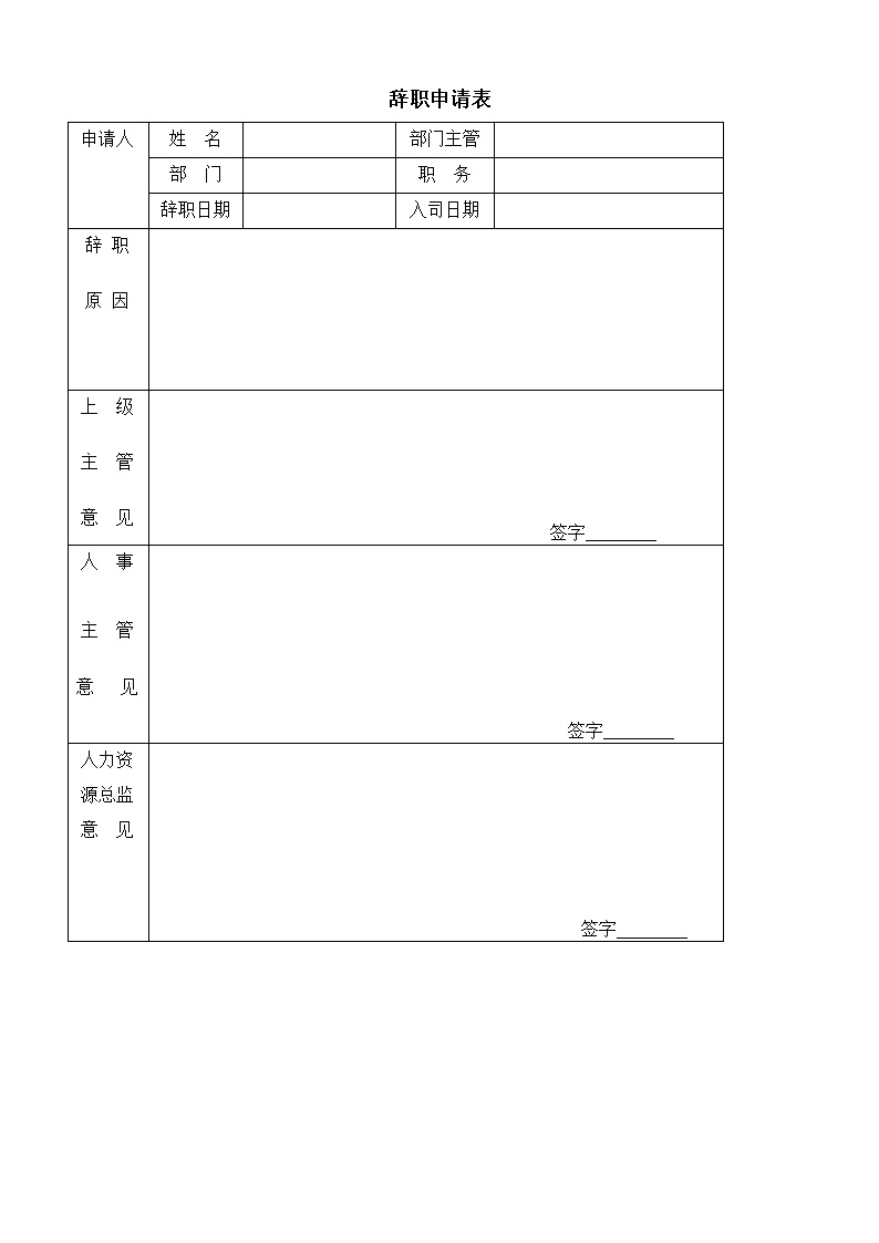公司员工辞职申请表表格模板