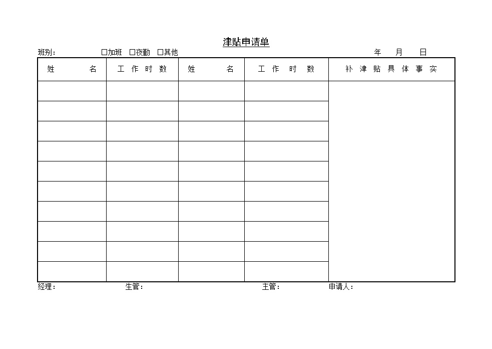 公司津贴申请单表格模板