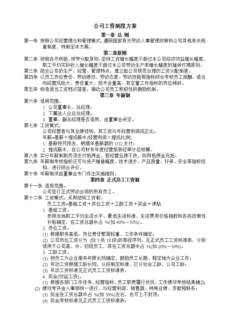 公司工资制度方案范文模板
