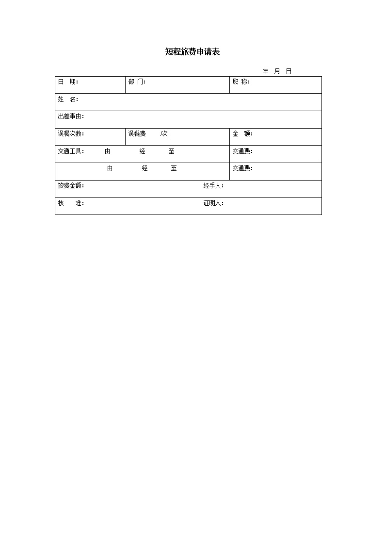 公司员工短程旅费申请表表格模板