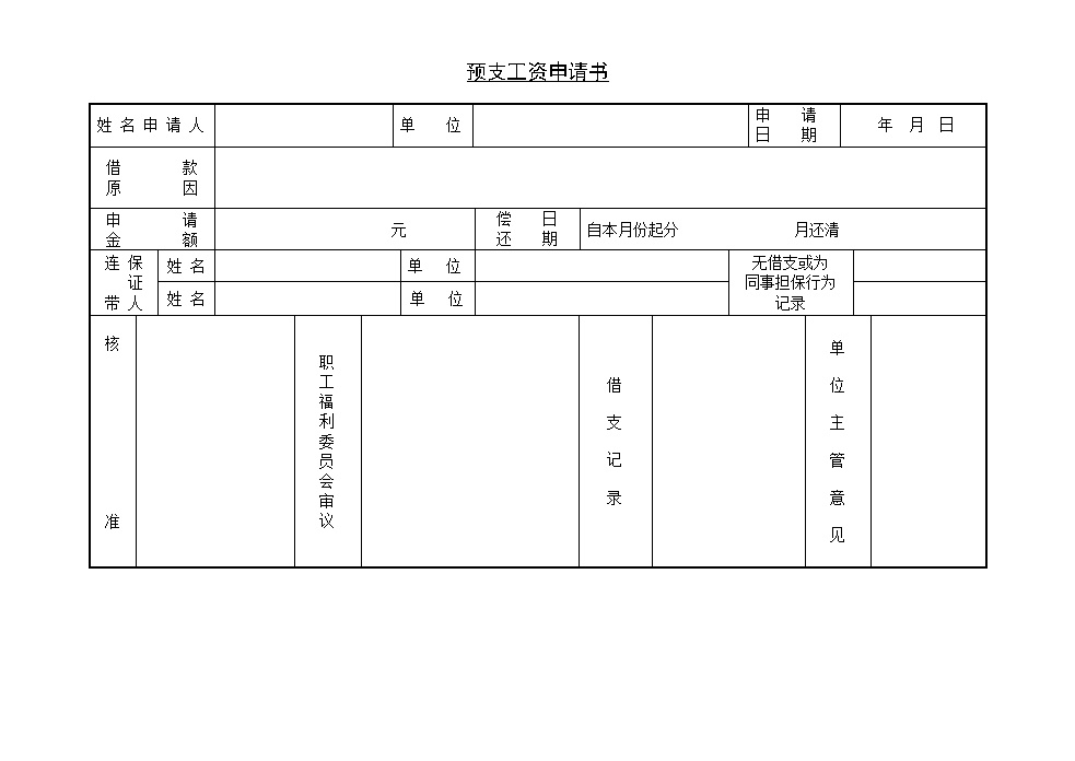 公司企业员工预支工资申请书表格模板