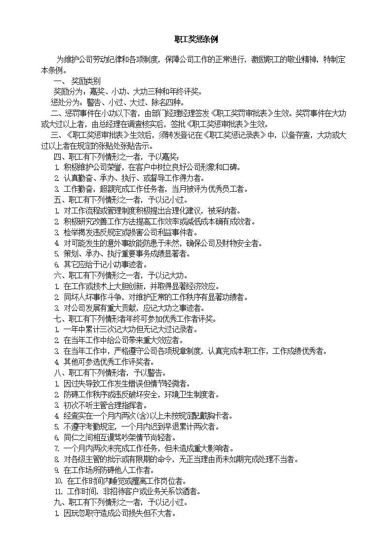 公司职工奖惩条例范文模板