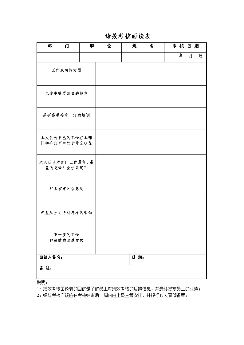 公司考核面谈表表格模板