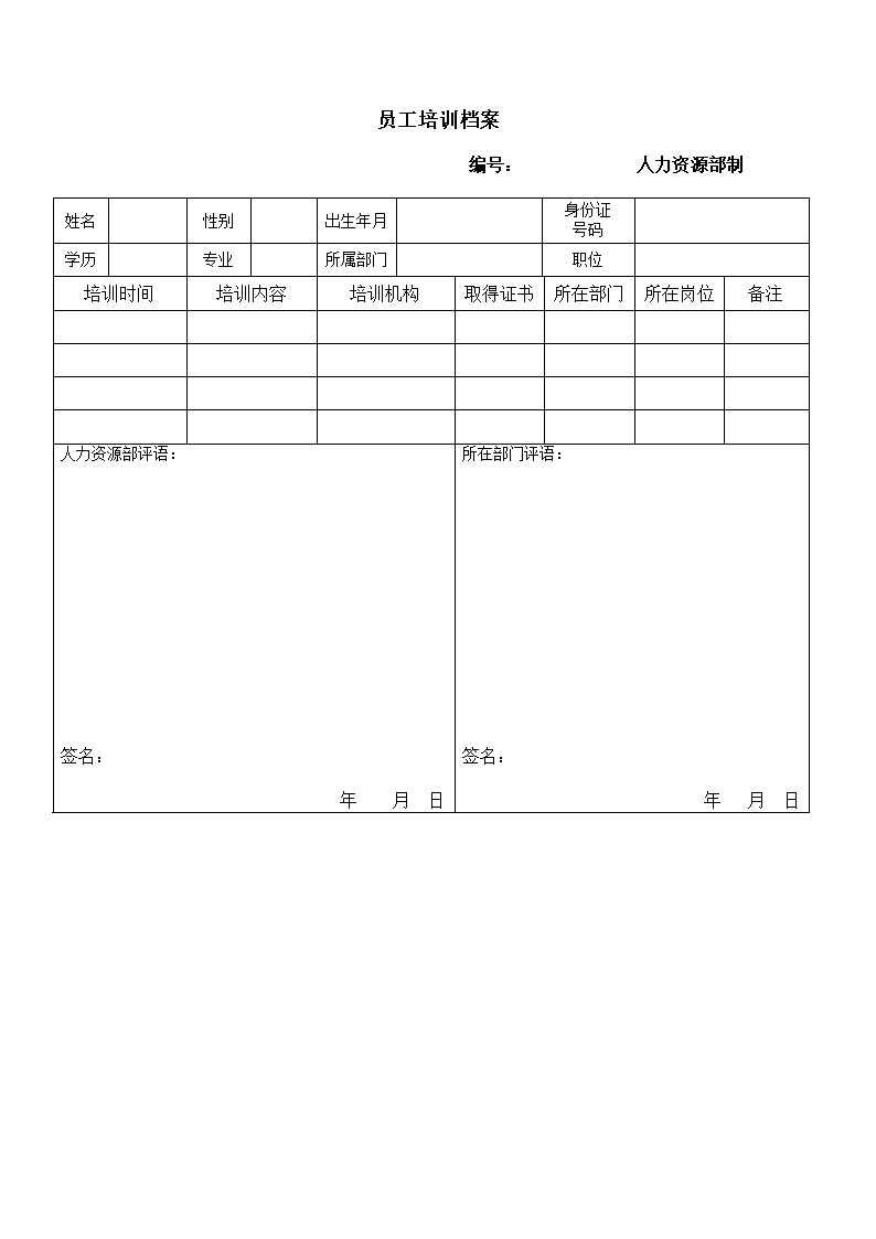 公司员工培训档案表格模板