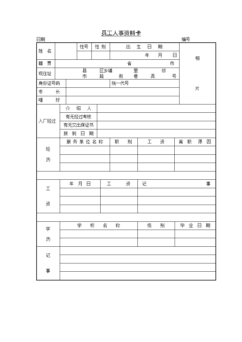 公司员工人事资料卡表格模板