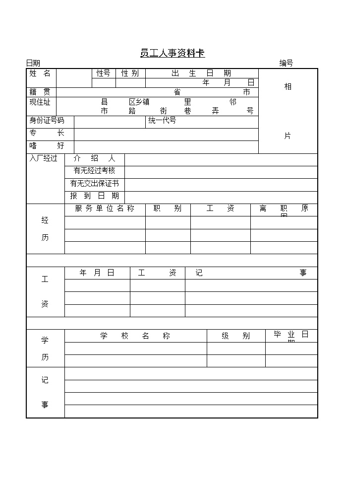 公司人事资料记录表表格模板