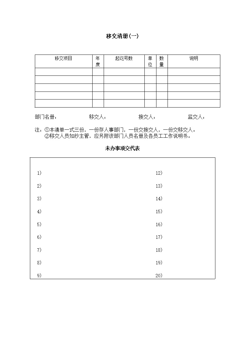 公司企业移交清册表格模板1