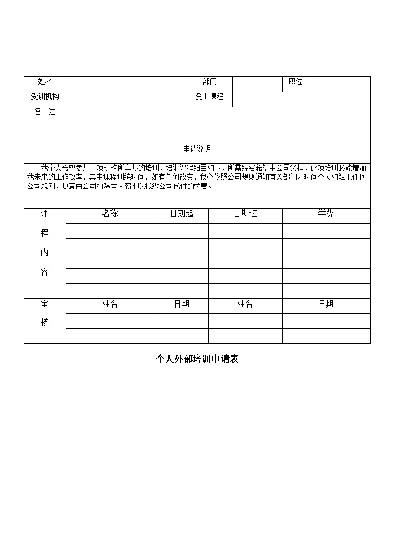 公司员工个人外部培训申请表表格模板