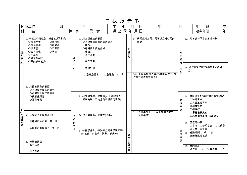 公司企业自我报告书表格模板