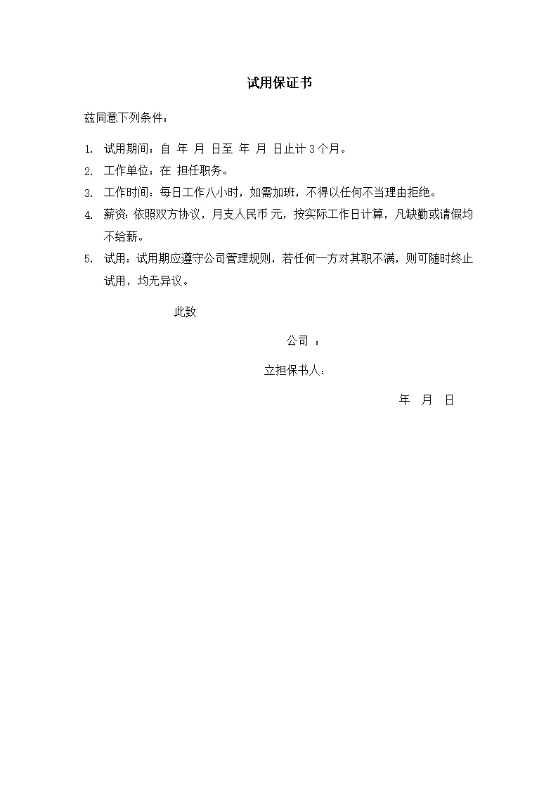 公司试用保证书范文模板