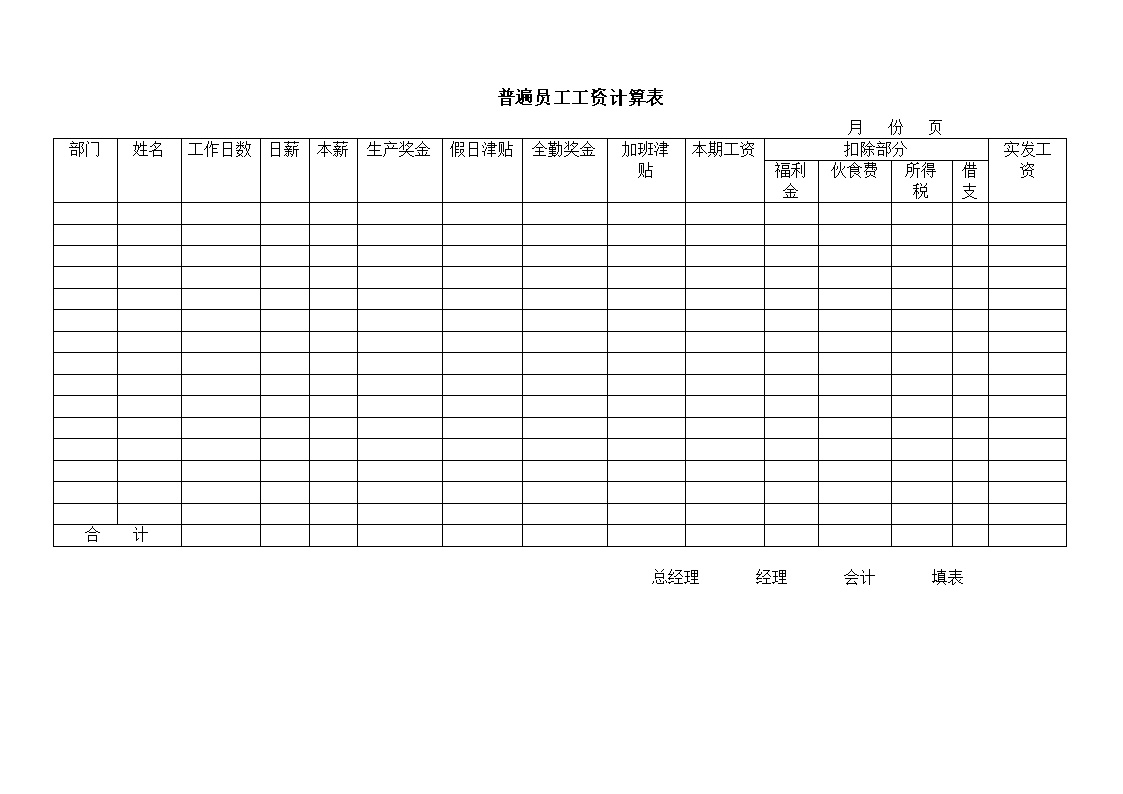 公司普遍员工工资计算表表格模板