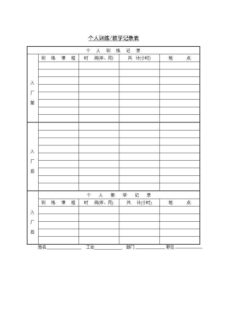 公司员工个人训练教学记录表表格模板