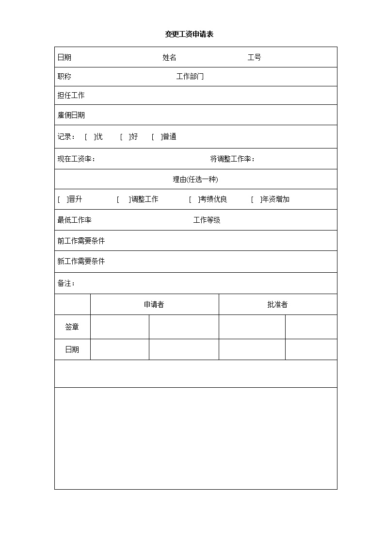 公司员工工资调整申请书表格模板
