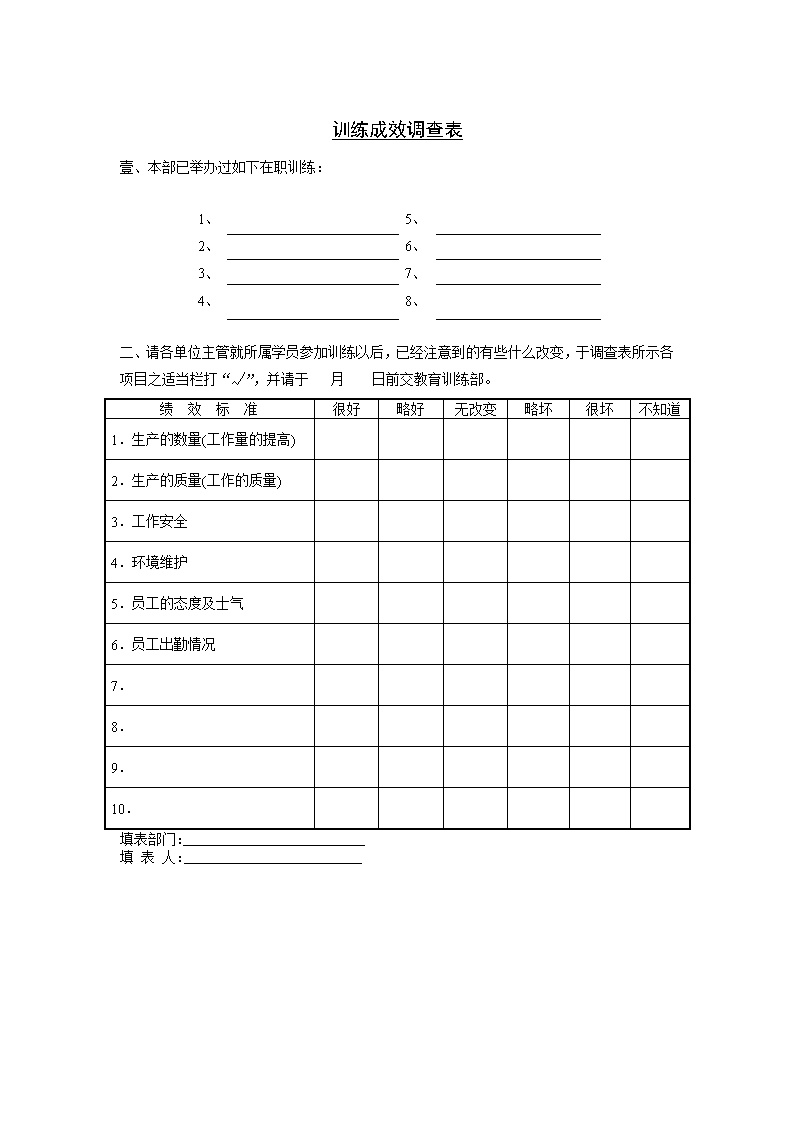 公司训练成效调查表表格模板