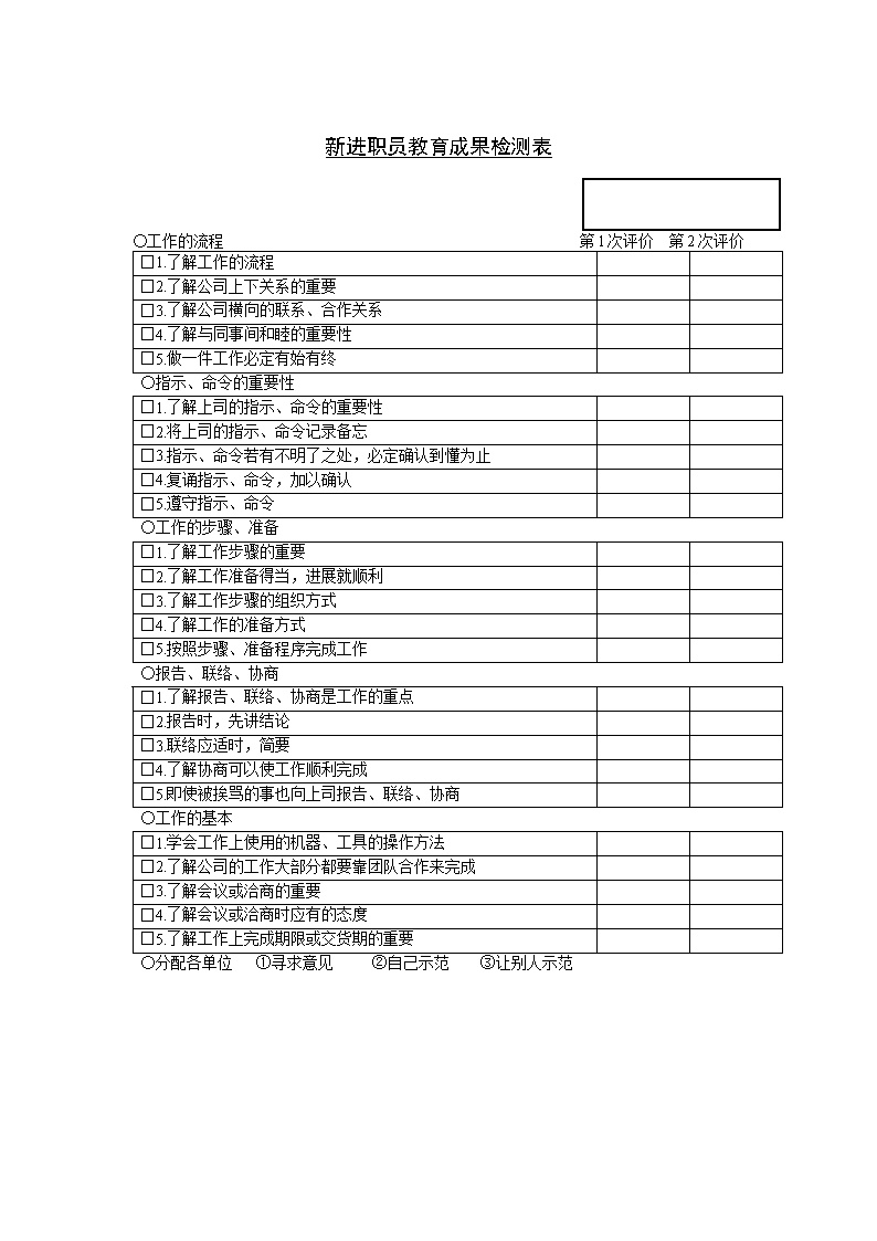 公司新进职员教育成果检测表格模板